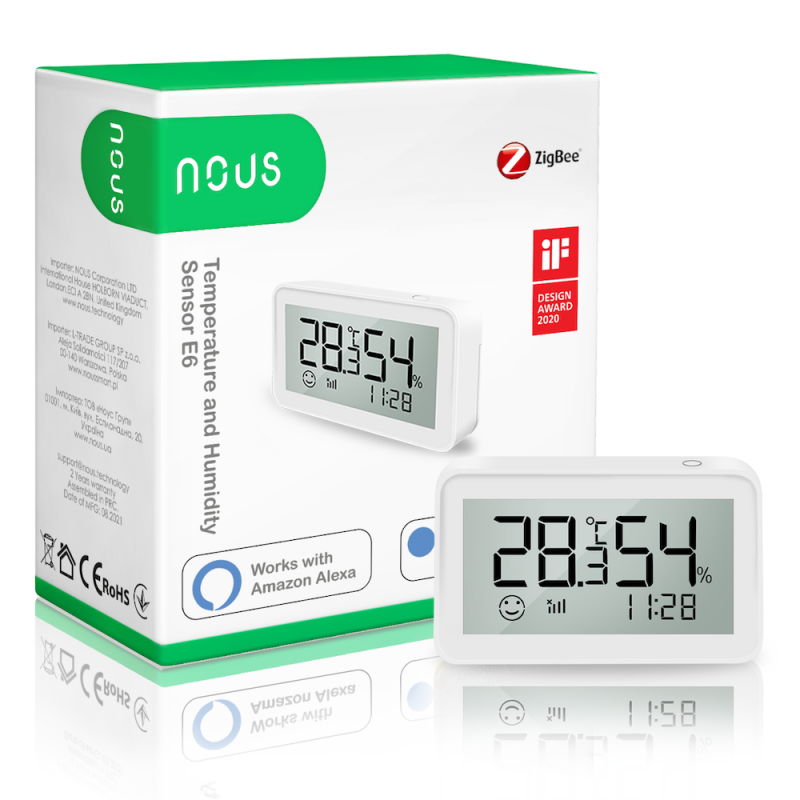 NOUS E6 - Capteur de température et d'humidité LCD intelligent Zigbee 3.0 TUYA